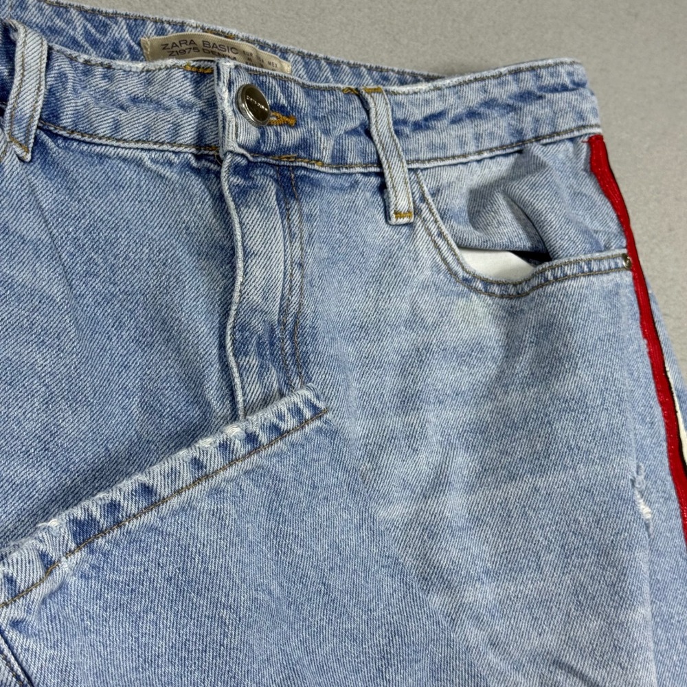Zara Basic Z1975 Denim Light Wash Distressed Glitter Side‎ Stripe Jeans Womens 8
